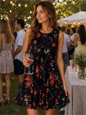 Express Black Floral Hummingbird Fit & Flare Dress Pleated Sleeveless Size 8